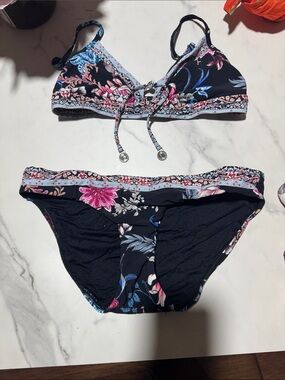 Seafolly Black Floral Bralette & Bikini Brief Set with Blue and Pink A28 new